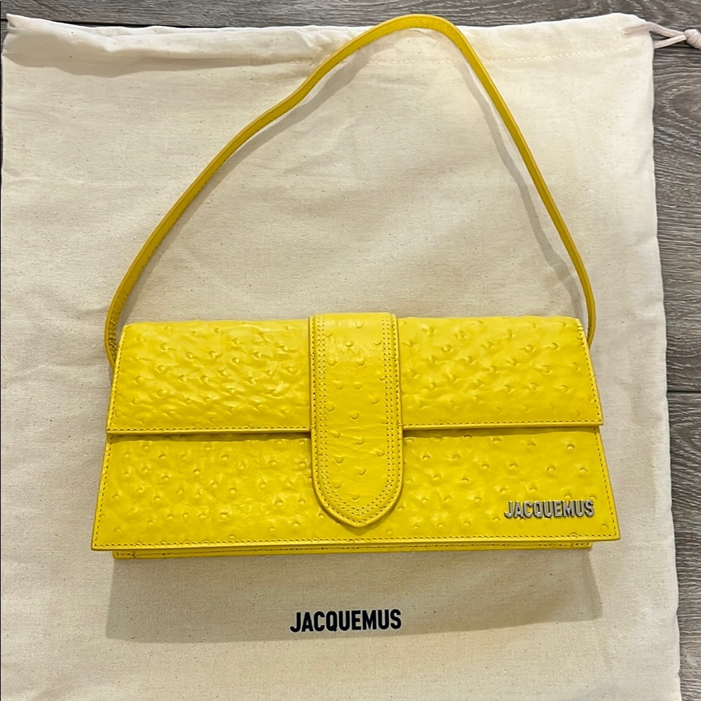 NEW Jacquemus Yellow “Embossed Ostrich” Long Bambino Bag, GIFTABLE